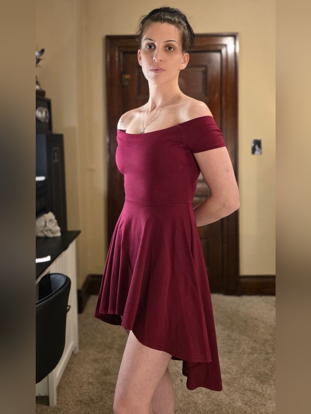 Windsor Off Shoulder Burgundy Dress